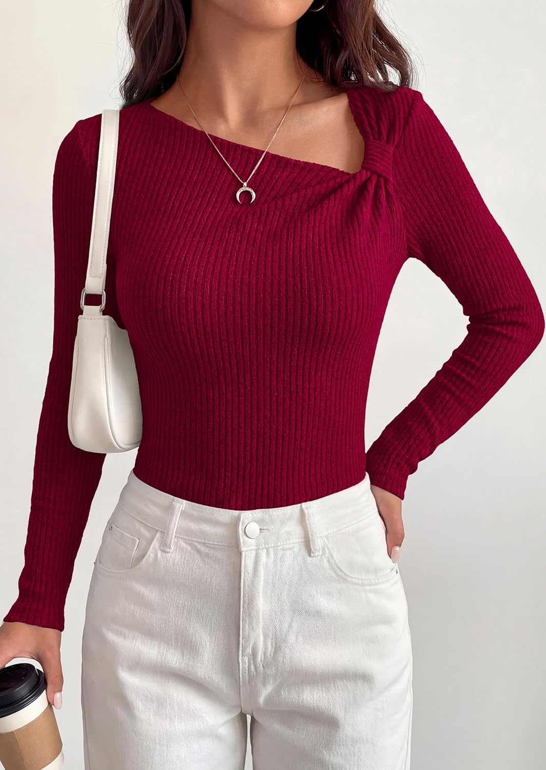 image:imagePRETTYGARDEN Womens 2026 Early Fall Fashion Long Sleeve T Shirts Asymmetrical Ribbed Fitted Trendy Going Out Tops Y2K OutfitsDark Red