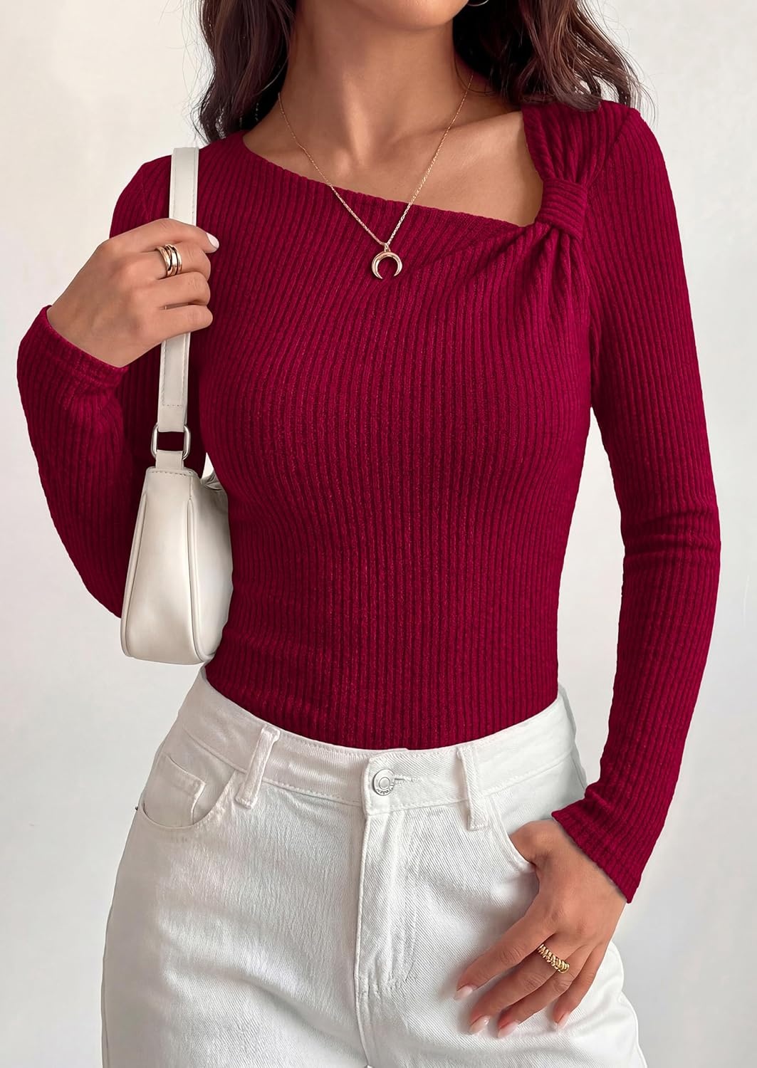 image:imagePRETTYGARDEN Womens 2026 Early Fall Fashion Long Sleeve T Shirts Asymmetrical Ribbed Fitted Trendy Going Out Tops Y2K OutfitsDark Red