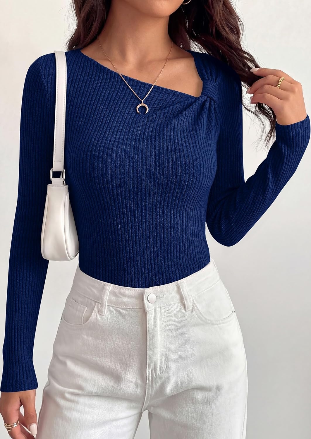 image:imagePRETTYGARDEN Womens 2026 Early Fall Fashion Long Sleeve T Shirts Asymmetrical Ribbed Fitted Trendy Going Out Tops Y2K OutfitsNavy Blue