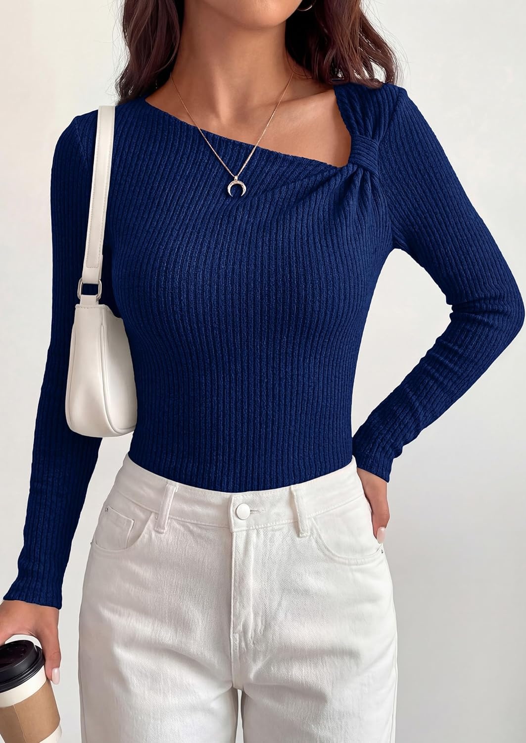 image:imagePRETTYGARDEN Womens 2026 Early Fall Fashion Long Sleeve T Shirts Asymmetrical Ribbed Fitted Trendy Going Out Tops Y2K OutfitsNavy Blue