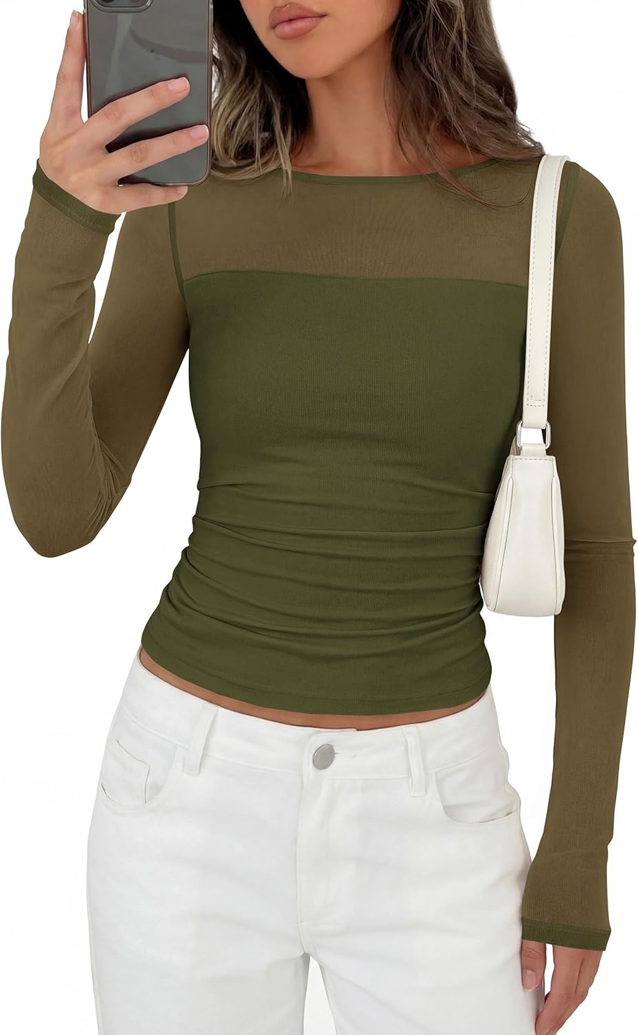image:imagePRETTYGARDEN Womens 2026 Fall Long Sleeve T Shirts Sheer Mesh Boat Neck Ruched Fitted Going Out Summer Tops Fashion ClothingArmy Green