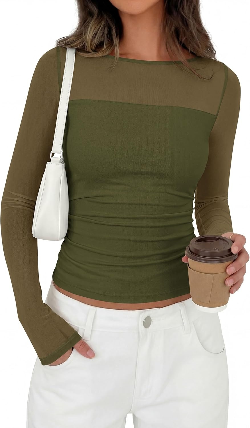 image:imagePRETTYGARDEN Womens 2026 Fall Long Sleeve T Shirts Sheer Mesh Boat Neck Ruched Fitted Going Out Summer Tops Fashion ClothingArmy Green