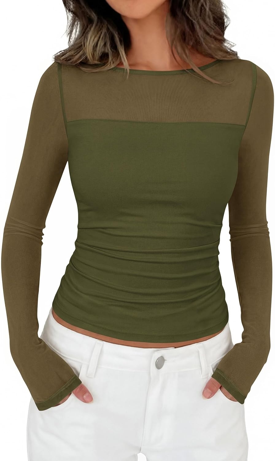image:imagePRETTYGARDEN Womens 2026 Fall Long Sleeve T Shirts Sheer Mesh Boat Neck Ruched Fitted Going Out Summer Tops Fashion ClothingArmy Green