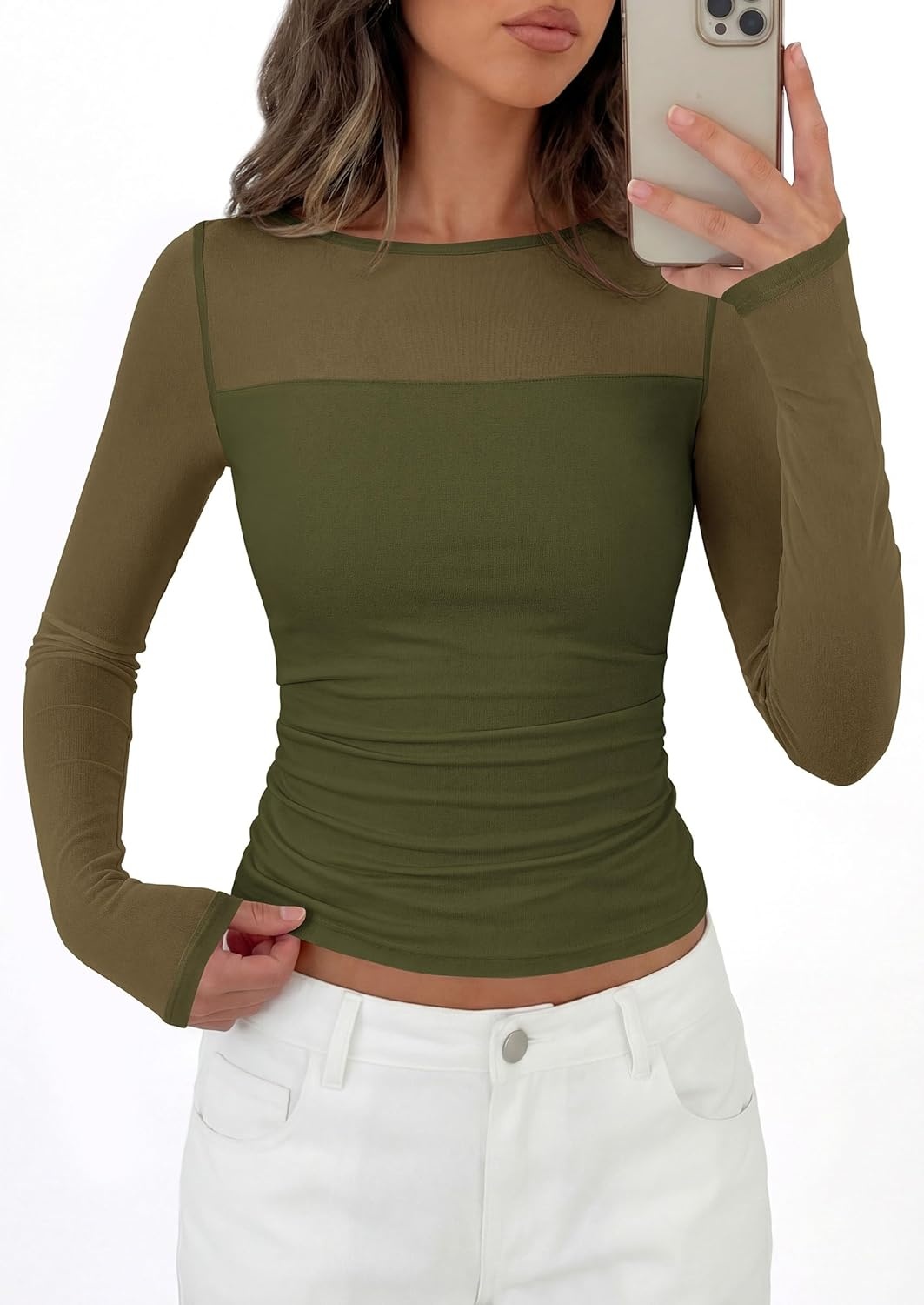 image:imagePRETTYGARDEN Womens 2026 Fall Long Sleeve T Shirts Sheer Mesh Boat Neck Ruched Fitted Going Out Summer Tops Fashion ClothingArmy Green