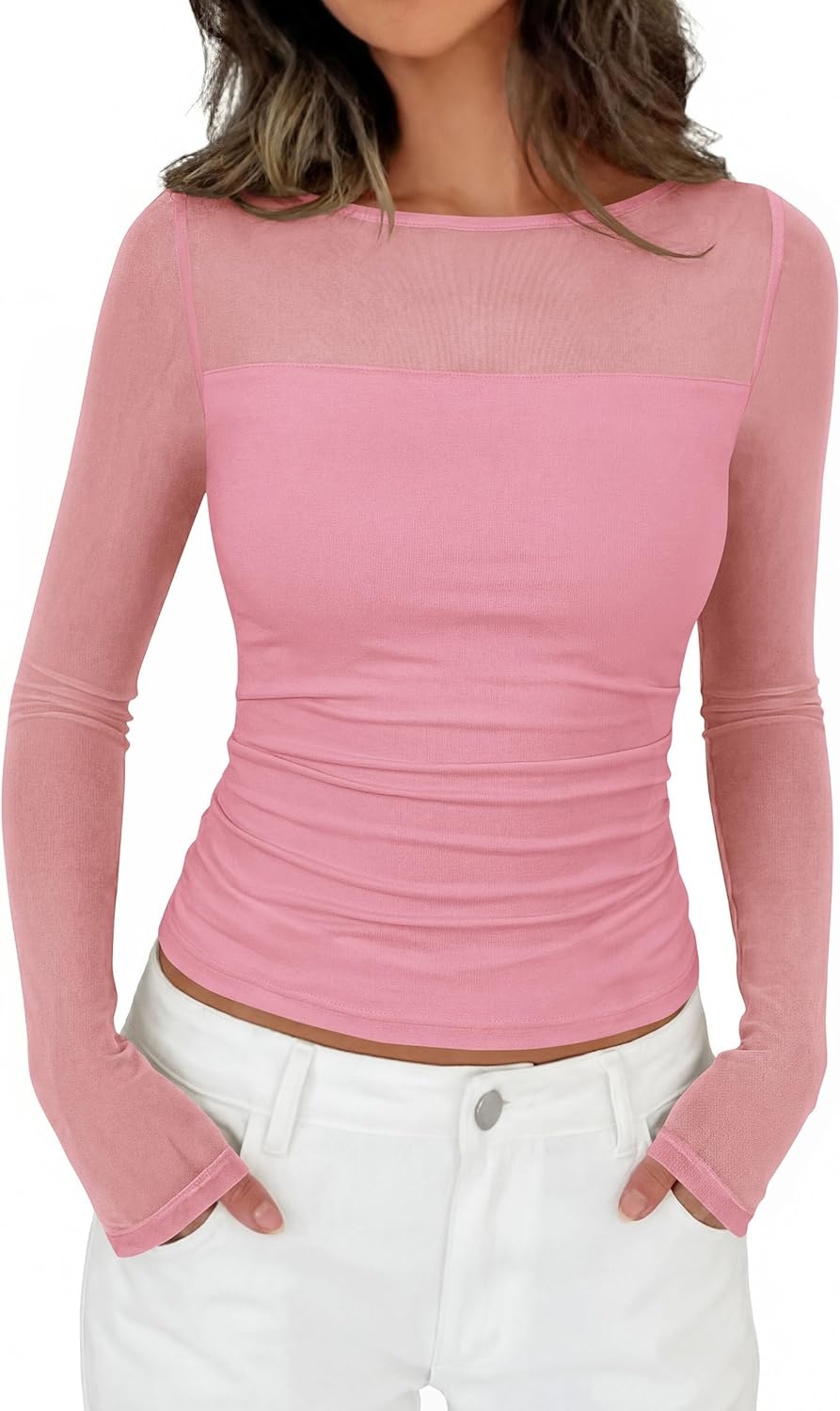 image:imagePRETTYGARDEN Womens 2026 Fall Long Sleeve T Shirts Sheer Mesh Boat Neck Ruched Fitted Going Out Summer Tops Fashion ClothingPink