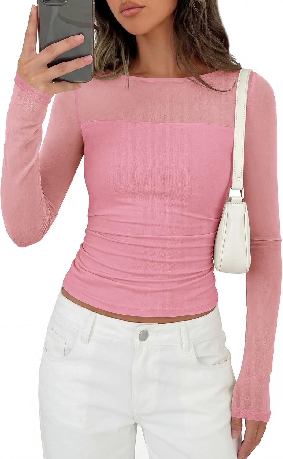 image:imagePRETTYGARDEN Womens 2026 Fall Long Sleeve T Shirts Sheer Mesh Boat Neck Ruched Fitted Going Out Summer Tops Fashion ClothingPink