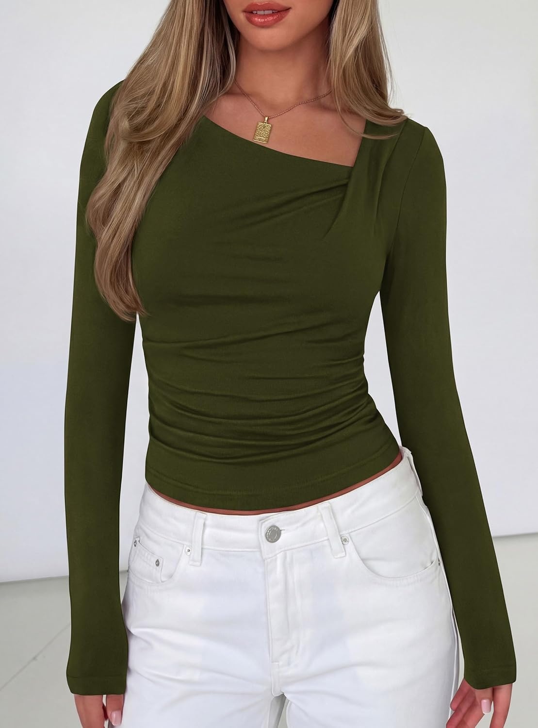 image:imagePRETTYGARDEN Womens 2026 Long Sleeve T Shirts Asymmetrical Y2K Slim Fitted Going Out Trendy Tops Early Fall Fashion ClothingArmy Green