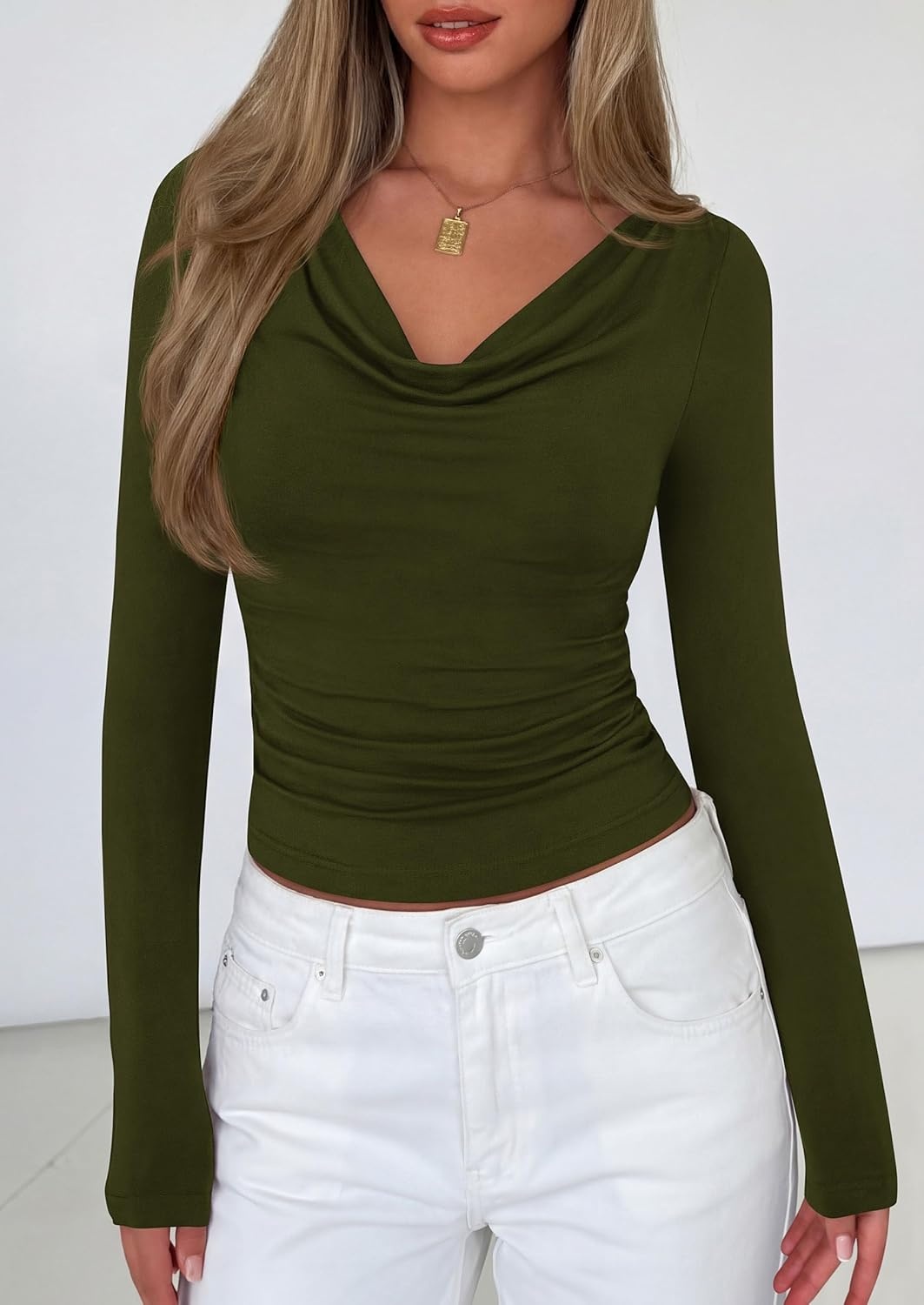 image:imagePRETTYGARDEN Womens Long Sleeve Shirts 2026 Fall Outfits Cowl Neck Ruched Slim Fitted Going Out Tops Y2K Fashion ClothingArmy Green