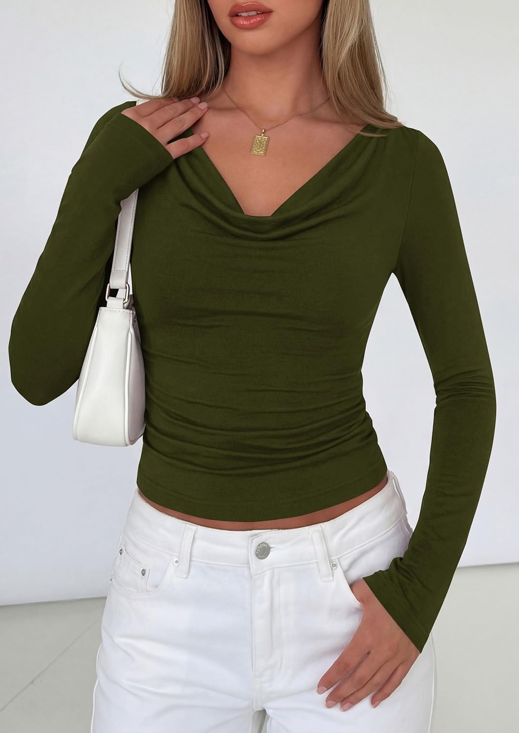 image:imagePRETTYGARDEN Womens Long Sleeve Shirts 2026 Fall Outfits Cowl Neck Ruched Slim Fitted Going Out Tops Y2K Fashion ClothingArmy Green