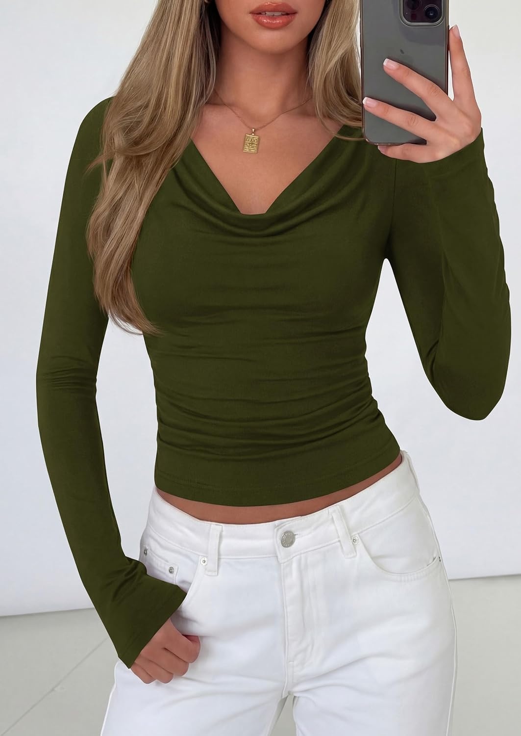 image:imagePRETTYGARDEN Womens Long Sleeve Shirts 2026 Fall Outfits Cowl Neck Ruched Slim Fitted Going Out Tops Y2K Fashion ClothingArmy Green
