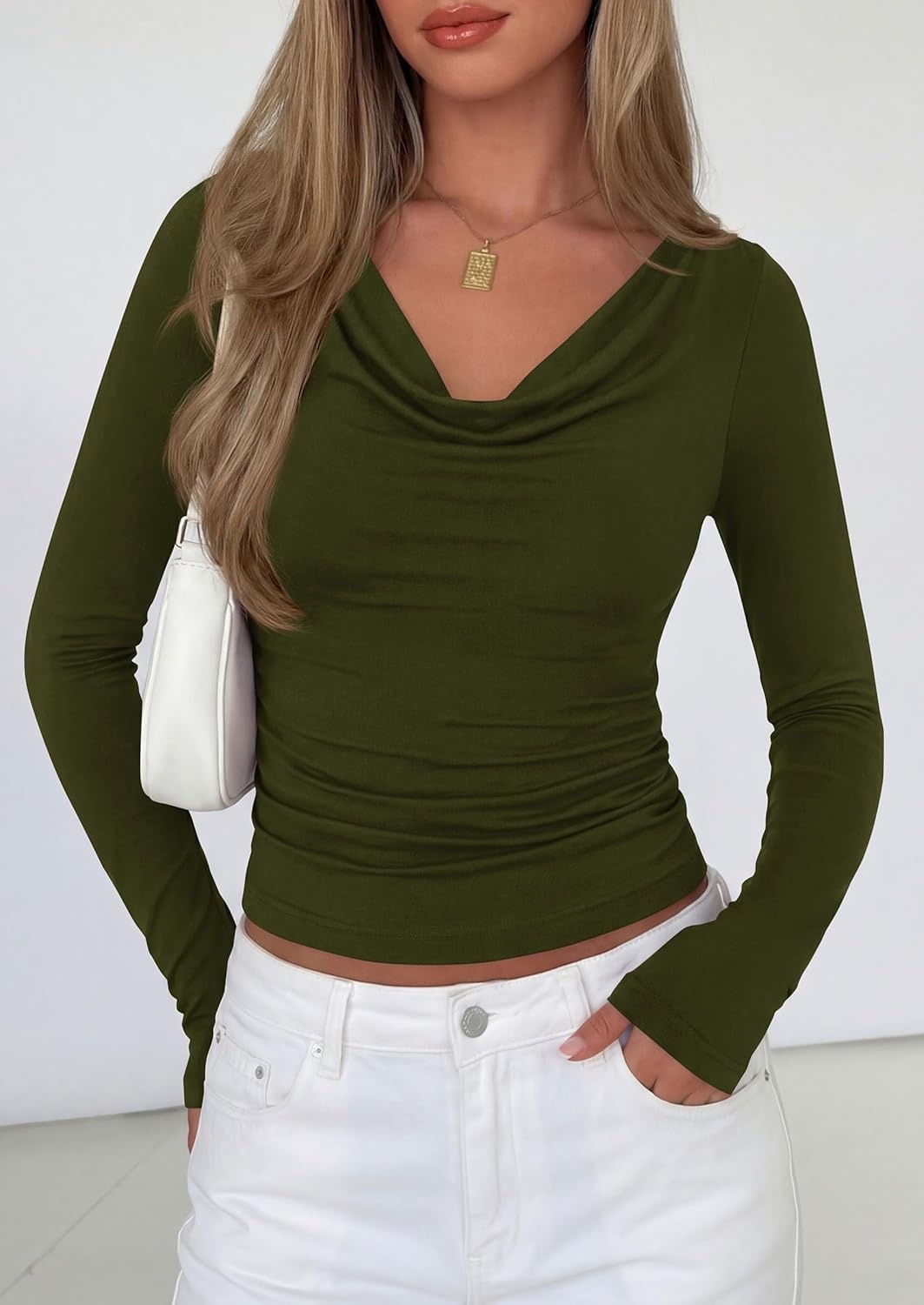 image:imagePRETTYGARDEN Womens Long Sleeve Shirts 2026 Fall Outfits Cowl Neck Ruched Slim Fitted Going Out Tops Y2K Fashion ClothingArmy Green