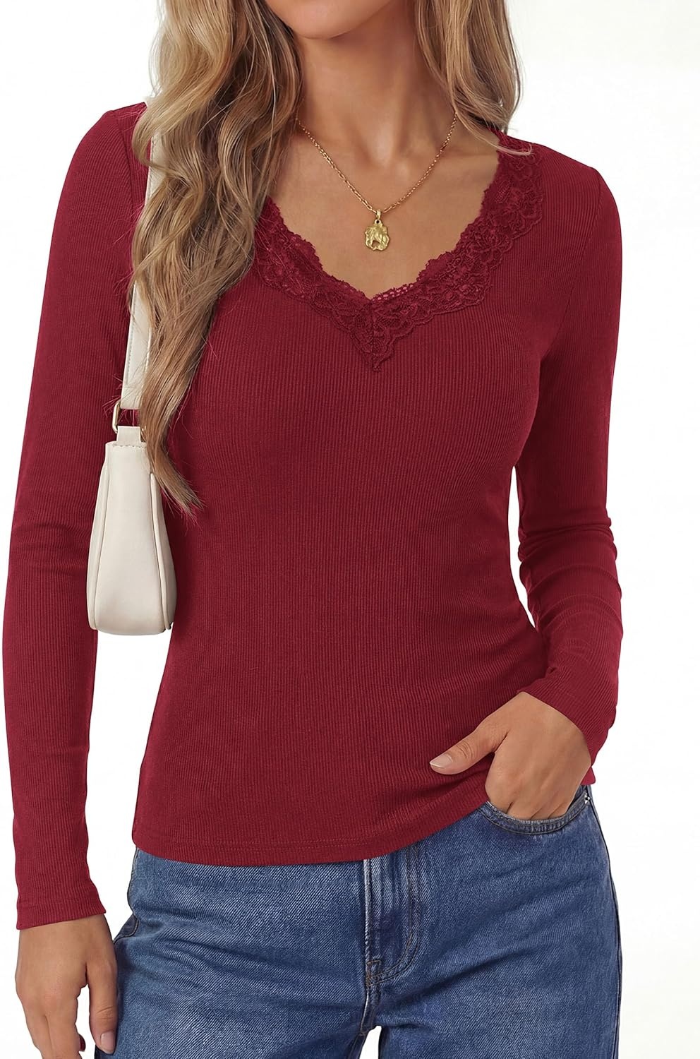 image:imagePRETTYGARDEN Womens Long Sleeve Shirts Lace Trim V Neck Ribbed Slim Fitted Basic Tees Y2K Going Out Tops 2026 Fall ClothesBurgundy