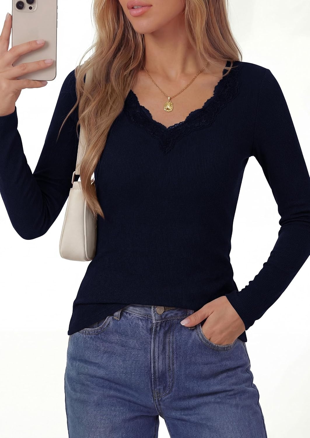 image:imagePRETTYGARDEN Womens Long Sleeve Shirts Lace Trim V Neck Ribbed Slim Fitted Basic Tees Y2K Going Out Tops 2026 Fall ClothesNavy Blue