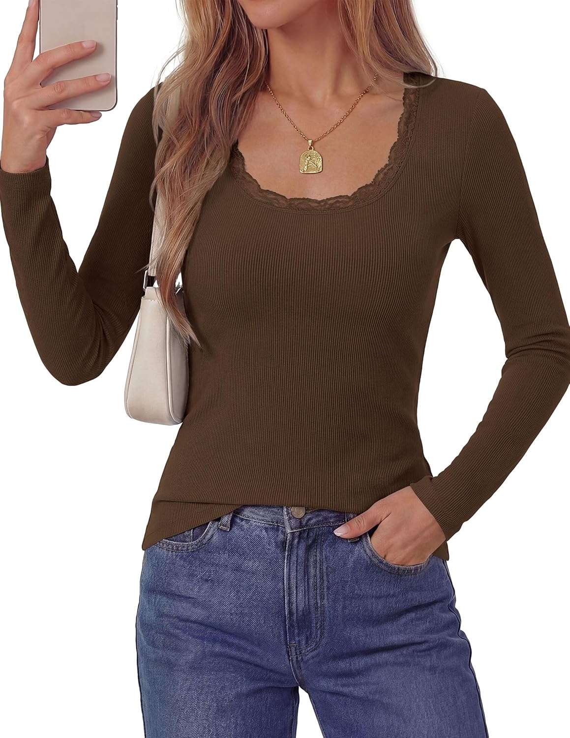 image:imagePRETTYGARDEN Womens Long Sleeve Tops Casual Fall Fashion 2026 Lace Square Neck Fitted Ribbed Knit Tee Shirts Winter ClothingBrown