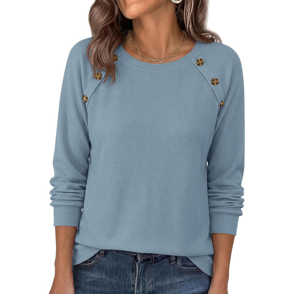 image:imagePRETTYGARDEN Long Sleeve Shirts for Women Waffle Knit Tops Fall Fashion 2026 Dressy Casual Loose Tunic Blouse Winter ClothingDusty Blue