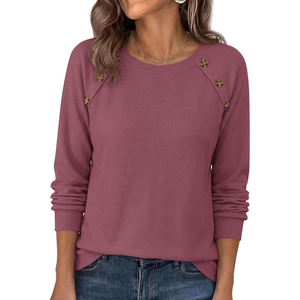 image:imagePRETTYGARDEN Long Sleeve Shirts for Women Waffle Knit Tops Fall Fashion 2026 Dressy Casual Loose Tunic Blouse Winter ClothingMauve