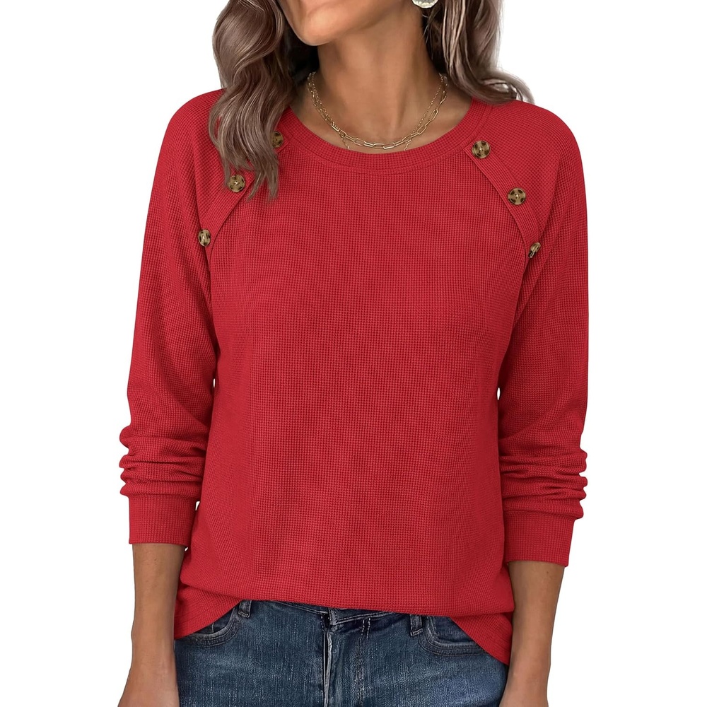 image:imagePRETTYGARDEN Long Sleeve Shirts for Women Waffle Knit Tops Fall Fashion 2026 Dressy Casual Loose Tunic Blouse Winter ClothingRed