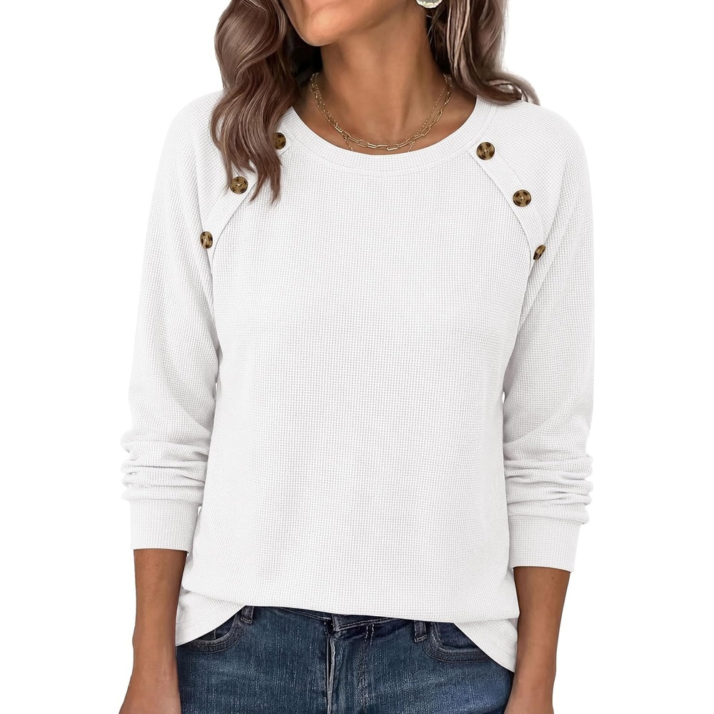 image:imagePRETTYGARDEN Long Sleeve Shirts for Women Waffle Knit Tops Fall Fashion 2026 Dressy Casual Loose Tunic Blouse Winter ClothingWhite