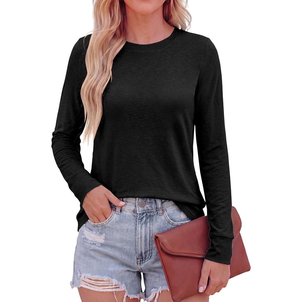 image:imagePRETTYGARDEN Long Sleeve Tshirts Shirts for Women Clothing Fall Fashion 2026 Basic Tees Casual Blouses Crew Neck Winter TopsBlack