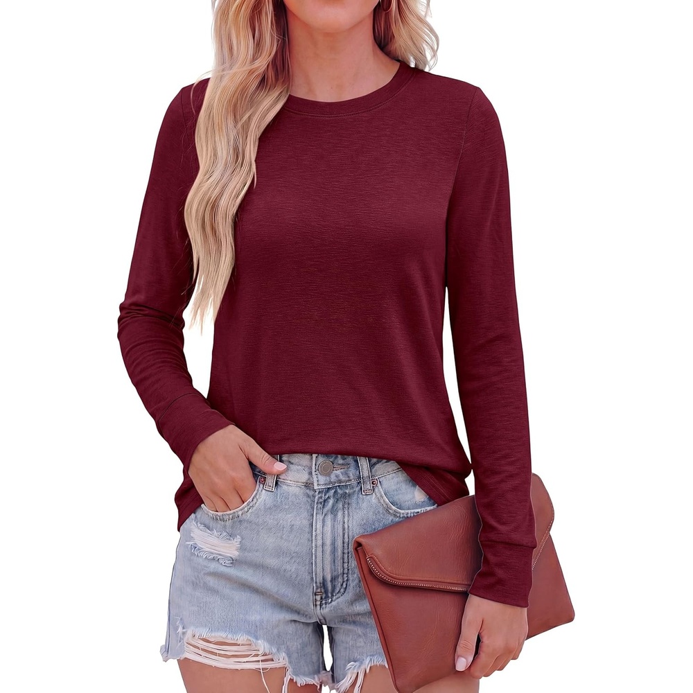 image:imagePRETTYGARDEN Long Sleeve Tshirts Shirts for Women Clothing Fall Fashion 2026 Basic Tees Casual Blouses Crew Neck Winter TopsBurgundy