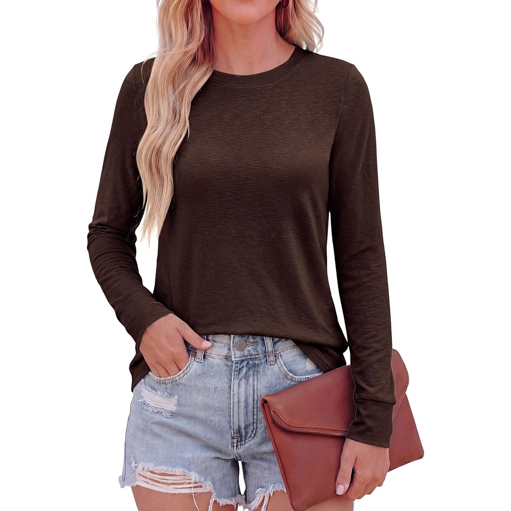 image:imagePRETTYGARDEN Long Sleeve Tshirts Shirts for Women Clothing Fall Fashion 2026 Basic Tees Casual Blouses Crew Neck Winter TopsDark Brown