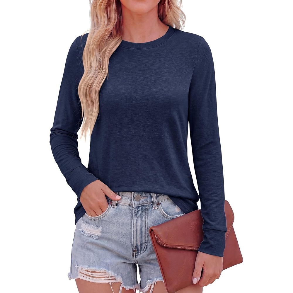 image:imagePRETTYGARDEN Long Sleeve Tshirts Shirts for Women Clothing Fall Fashion 2026 Basic Tees Casual Blouses Crew Neck Winter TopsNavy Blue
