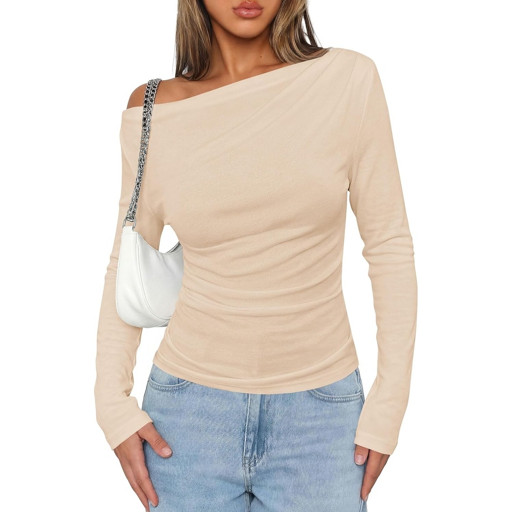 image:imagePRETTYGARDEN Off The Shoulder Tops for Women Going Out Long Sleeve Shirts 2026 Fall Casual Fitted Ribbed Ruched Y2K ClothesBeige