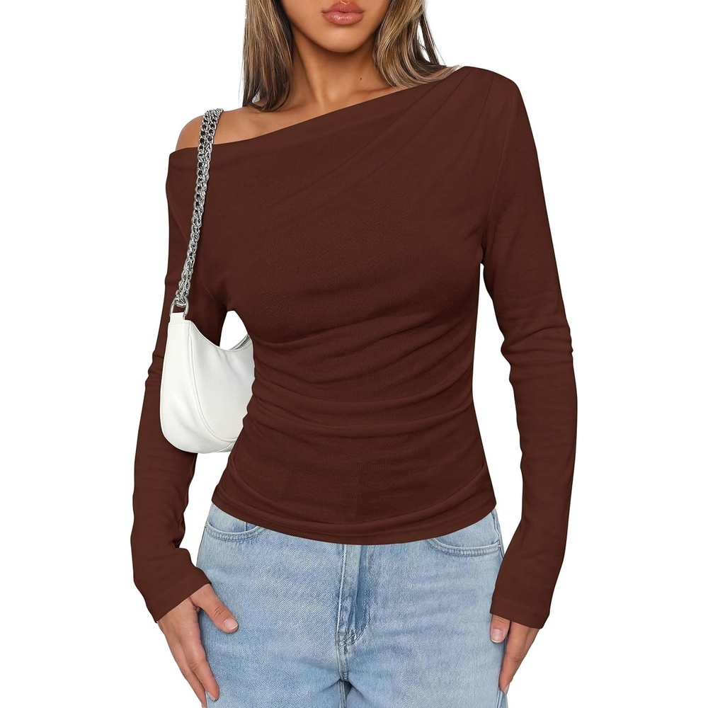 image:imagePRETTYGARDEN Off The Shoulder Tops for Women Going Out Long Sleeve Shirts 2026 Fall Casual Fitted Ribbed Ruched Y2K ClothesBrown