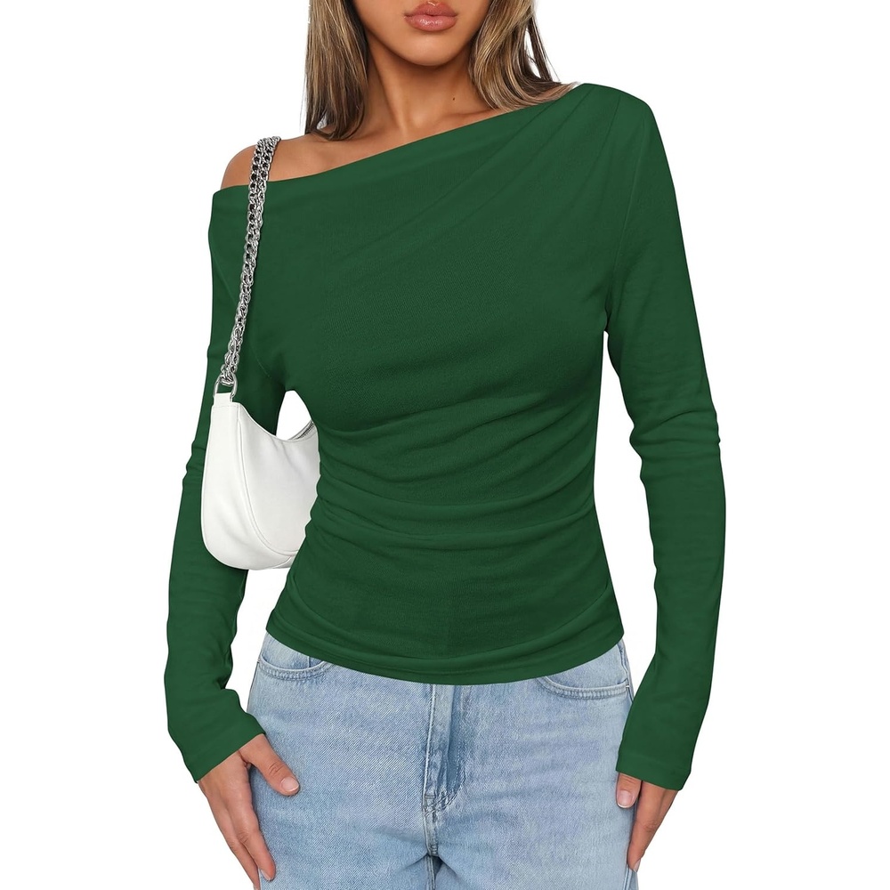 image:imagePRETTYGARDEN Off The Shoulder Tops for Women Going Out Long Sleeve Shirts 2026 Fall Casual Fitted Ribbed Ruched Y2K ClothesDark Green