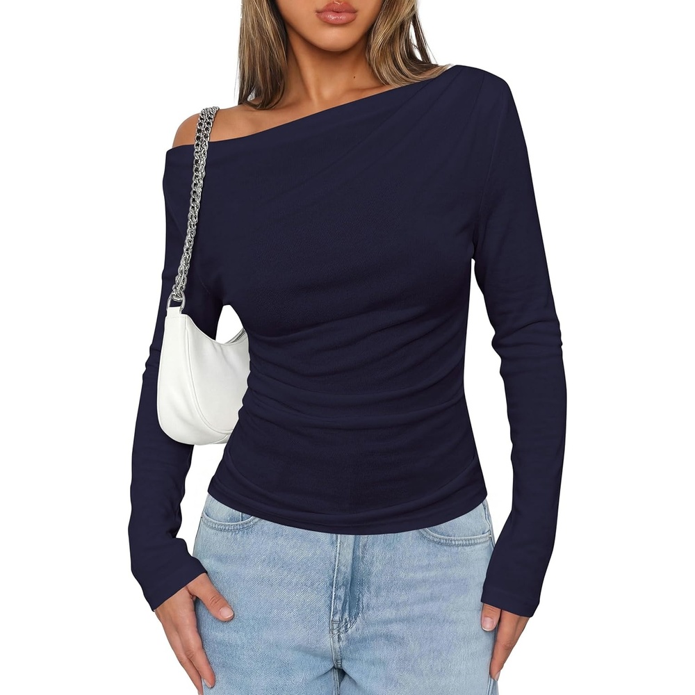 image:imagePRETTYGARDEN Off The Shoulder Tops for Women Going Out Long Sleeve Shirts 2026 Fall Casual Fitted Ribbed Ruched Y2K ClothesNavy