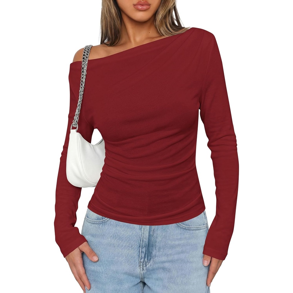 image:imagePRETTYGARDEN Off The Shoulder Tops for Women Going Out Long Sleeve Shirts 2026 Fall Casual Fitted Ribbed Ruched Y2K ClothesWine Red