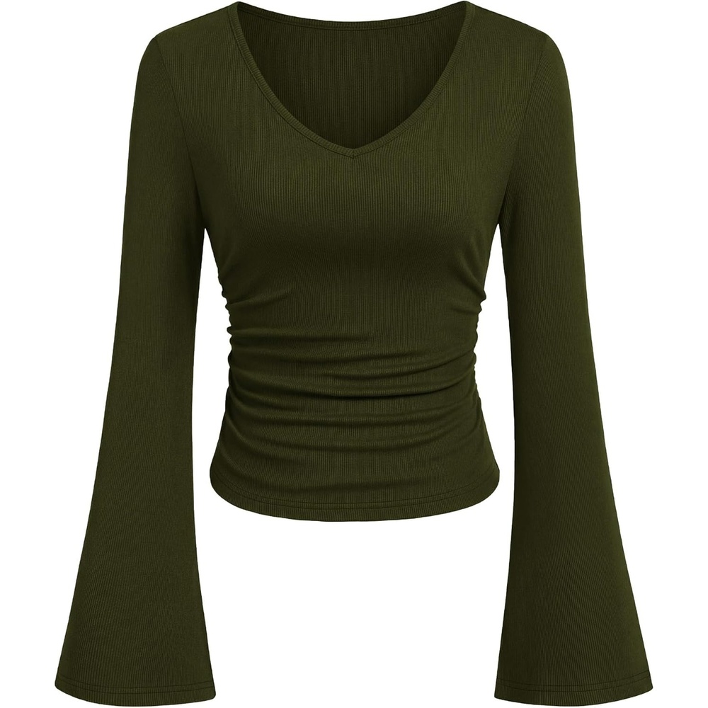 image:imagePRETTYGARDEN Women 2026 Fall Long Bell Sleeve Shirts Ribbed V Neck Fitted Ruched Trendy Y2K Going Out Tee Tops Summer ClothesArmy Green