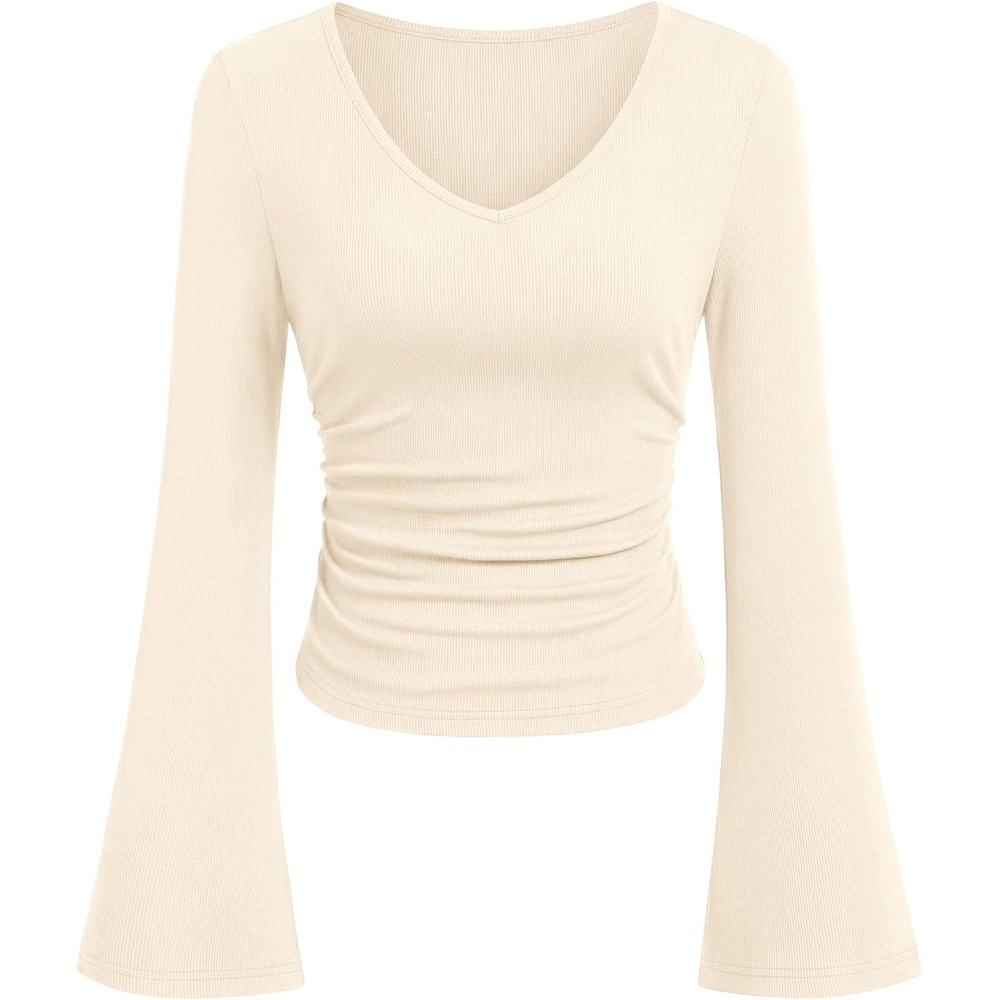image:imagePRETTYGARDEN Women 2026 Fall Long Bell Sleeve Shirts Ribbed V Neck Fitted Ruched Trendy Y2K Going Out Tee Tops Summer ClothesBeige