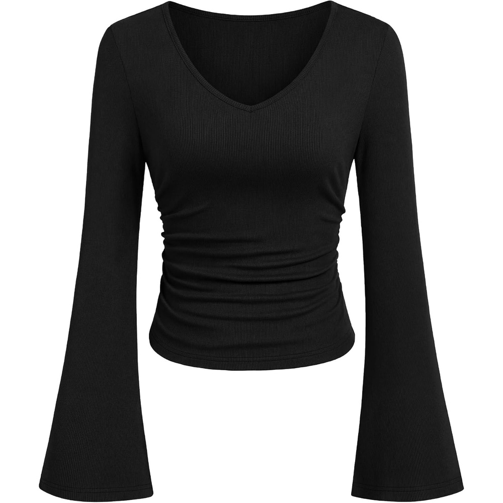 image:imagePRETTYGARDEN Women 2026 Fall Long Bell Sleeve Shirts Ribbed V Neck Fitted Ruched Trendy Y2K Going Out Tee Tops Summer ClothesBlack