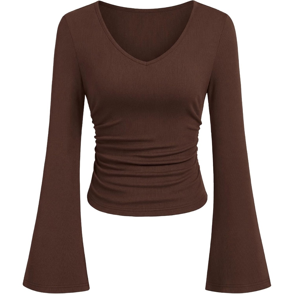 image:imagePRETTYGARDEN Women 2026 Fall Long Bell Sleeve Shirts Ribbed V Neck Fitted Ruched Trendy Y2K Going Out Tee Tops Summer ClothesBrown