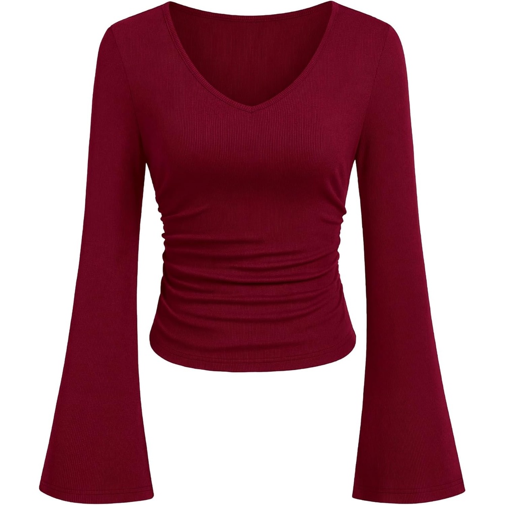image:imagePRETTYGARDEN Women 2026 Fall Long Bell Sleeve Shirts Ribbed V Neck Fitted Ruched Trendy Y2K Going Out Tee Tops Summer ClothesBurgundy