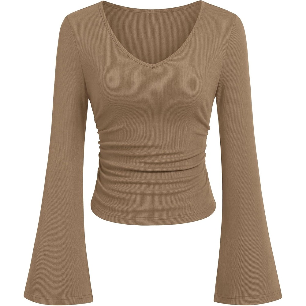 image:imagePRETTYGARDEN Women 2026 Fall Long Bell Sleeve Shirts Ribbed V Neck Fitted Ruched Trendy Y2K Going Out Tee Tops Summer ClothesLight Brown