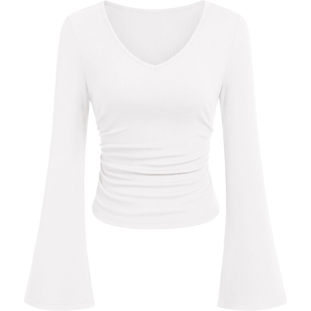 image:imagePRETTYGARDEN Women 2026 Fall Long Bell Sleeve Shirts Ribbed V Neck Fitted Ruched Trendy Y2K Going Out Tee Tops Summer ClothesWhite