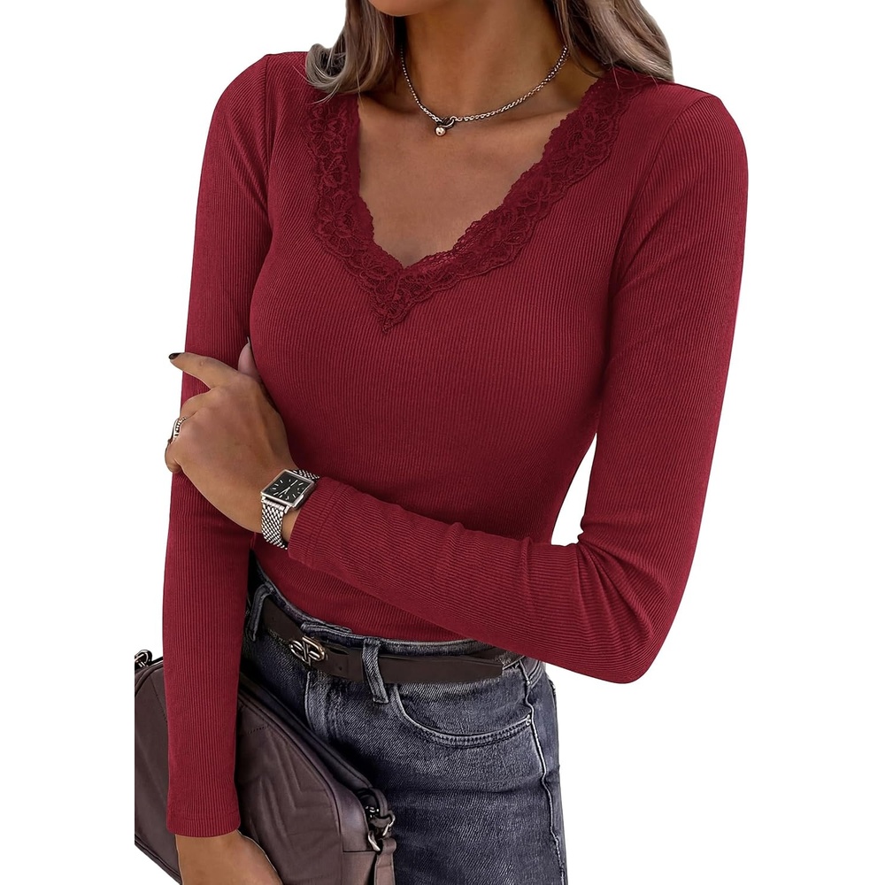 image:imagePRETTYGARDEN Womens Long Sleeve Shirts Lace Trim V Neck Ribbed Slim Fitted Basic Tees Y2K Going Out Tops 2026 Fall ClothesBurgundy