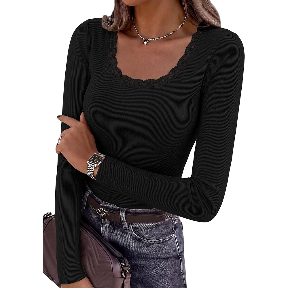 image:imagePRETTYGARDEN Womens Long Sleeve Tops Casual Fall Fashion 2026 Lace Square Neck Fitted Ribbed Knit Tee Shirts Winter ClothingBlack