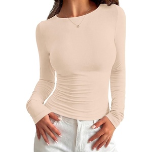 PRETTYGARDEN Long Sleeve Shirts for Women 2026 Fall Casual Boat Neck Tight Slim Fit Layering Basic T Shirt Going Out Tops(Beige)