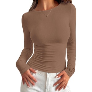 PRETTYGARDEN Long Sleeve Shirts for Women 2026 Fall Casual Boat Neck Tight Slim Fit Layering Basic T Shirt Going Out Tops(Brown)