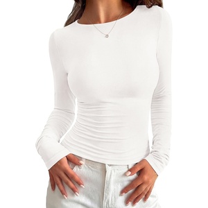 PRETTYGARDEN Long Sleeve Shirts for Women 2026 Fall Casual Boat Neck Tight Slim Fit Layering Basic T Shirt Going Out Tops(White)