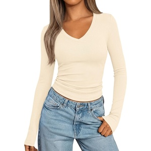 PRETTYGARDEN Long Sleeve Shirts for Women 2026 Fall V Neck Basic Tee Casual Fitted Ribbed Going Out Tops Kint Y2K Clothes(Beige)