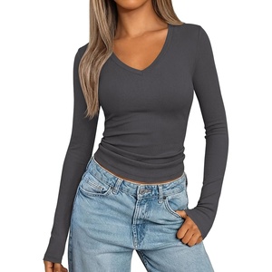 PRETTYGARDEN Long Sleeve Shirts for Women 2026 Fall V Neck Basic Tee Casual Fitted Ribbed Going Out Tops Kint Y2K Clothes(Dark Grey)