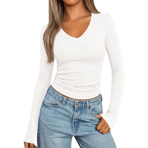 PRETTYGARDEN Long Sleeve Shirts for Women 2026 Fall V Neck Basic Tee Casual Fitted Ribbed Going Out Tops Kint Y2K Clothes(White)