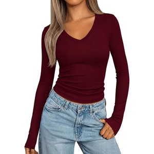 PRETTYGARDEN Long Sleeve Shirts for Women 2026 Fall V Neck Basic Tee Casual Fitted Ribbed Going Out Tops Kint Y2K Clothes(Wine Red)