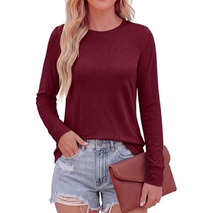 PRETTYGARDEN Long Sleeve Tshirts Shirts for Women Clothing Fall Fashion 2026 Basic Tees Casual Blouses Crew Neck Winter Tops(Burgundy)