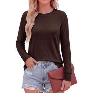 PRETTYGARDEN Long Sleeve Tshirts Shirts for Women Clothing Fall Fashion 2026 Basic Tees Casual Blouses Crew Neck Winter Tops(Dark Brown)