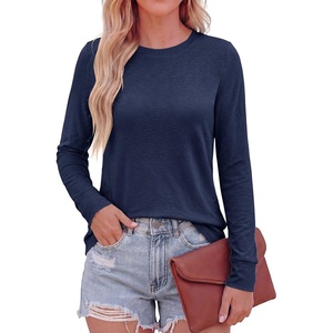 PRETTYGARDEN Long Sleeve Tshirts Shirts for Women Clothing Fall Fashion 2026 Basic Tees Casual Blouses Crew Neck Winter Tops(Navy Blue)